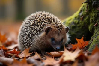 Hérisson européen roulé en boule sur un lit de feuilles mortes en automne dans un jardin naturel