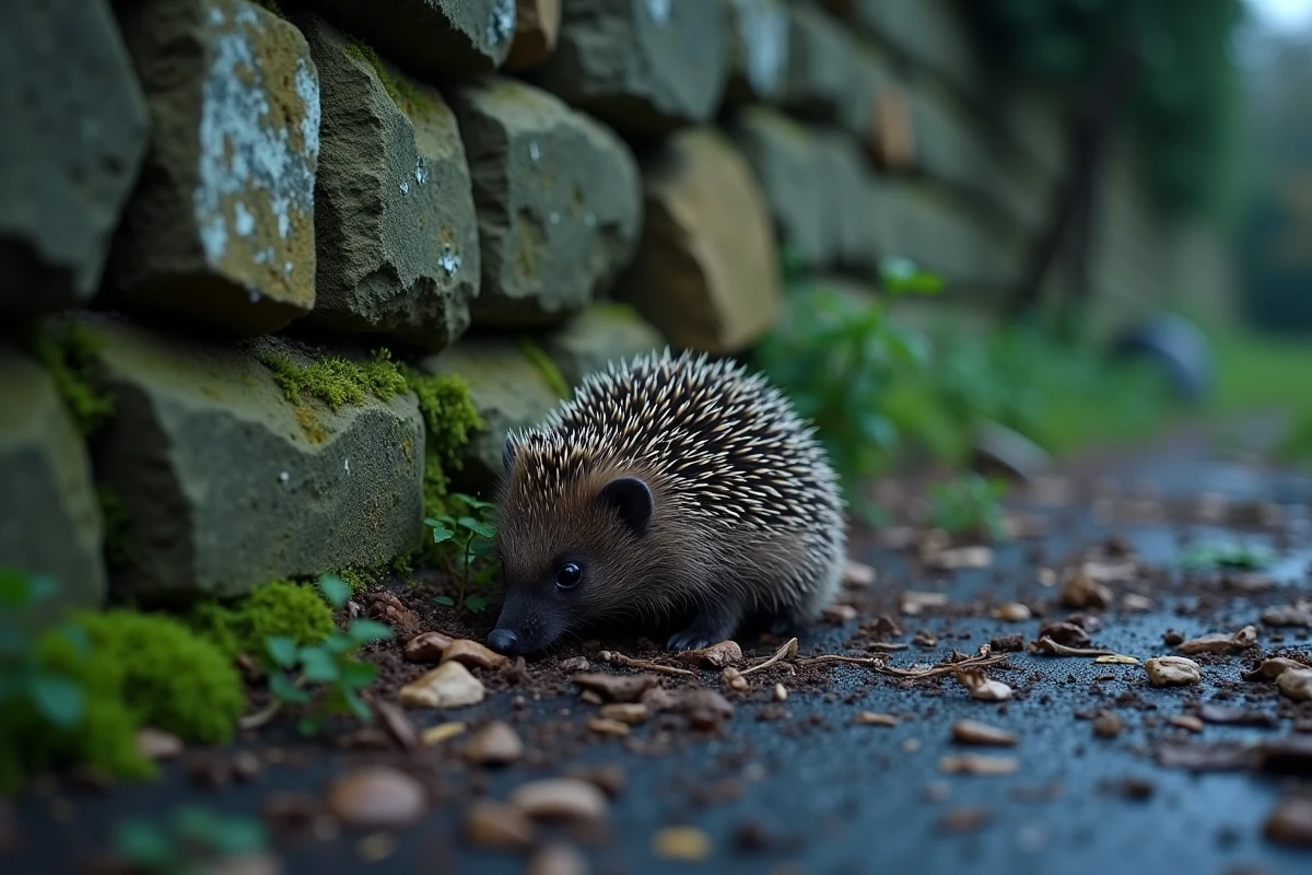 Hérisson explorant un vieux mur en pierre moussu dans un jardin crépusculaire symbolisant la curiosité naturelle