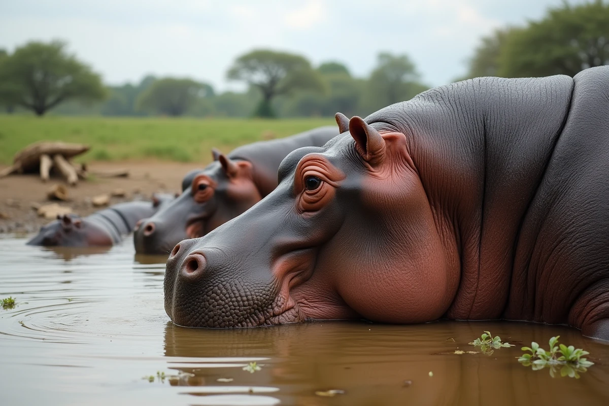 Profil d’un hippopotame âgé dans l’eau boueuse