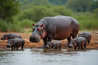 Gros hippopotame adulte au bord de la rivière africaine
