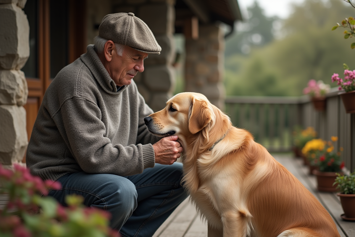 Homme âgé en pull et casquette brossant un Golden Retriever sur la terrasse