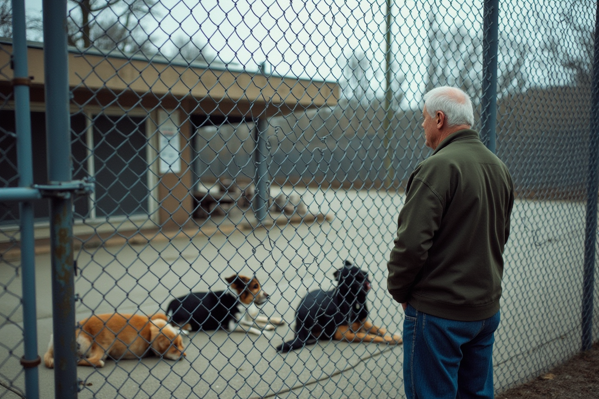 Homme âgé regardant des chiens dans un refuge extérieur