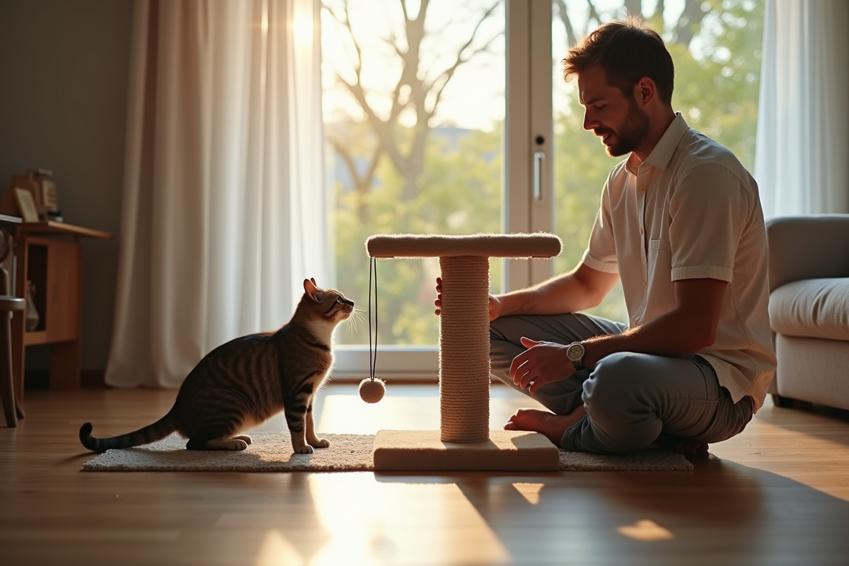 Homme encourageant son chat à utiliser un arbre à chat