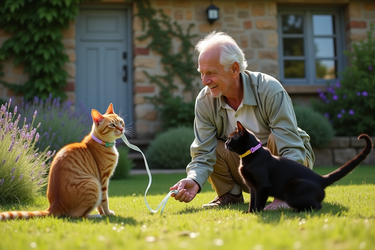Homme âgé jouant avec deux chats dans un jardin en France