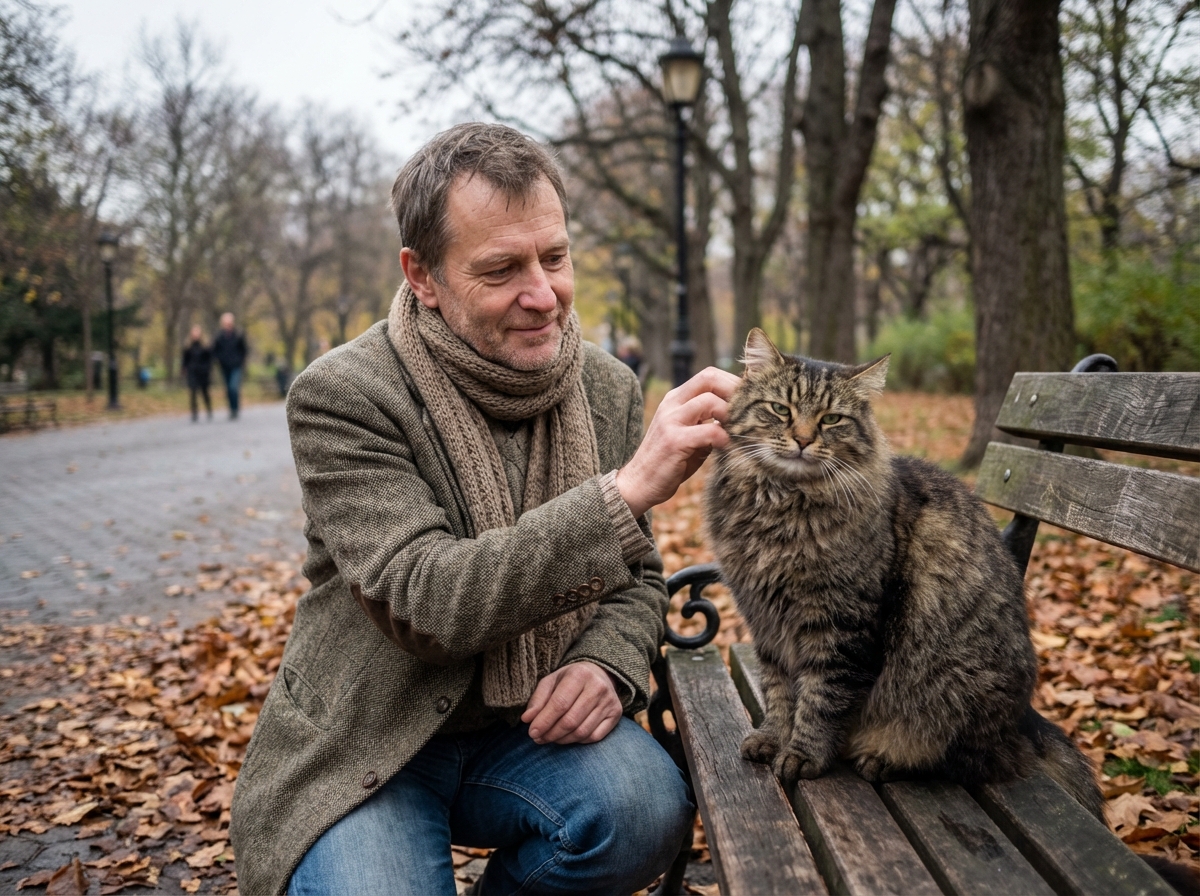 Homme âgé caressant un chat dans un parc urbain