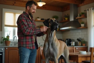 Homme et grand dane dans une cuisine chaleureuse