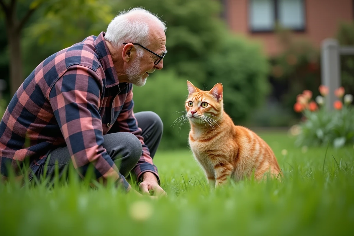 Homme âgé regardant son chat dans un jardin verdoyant