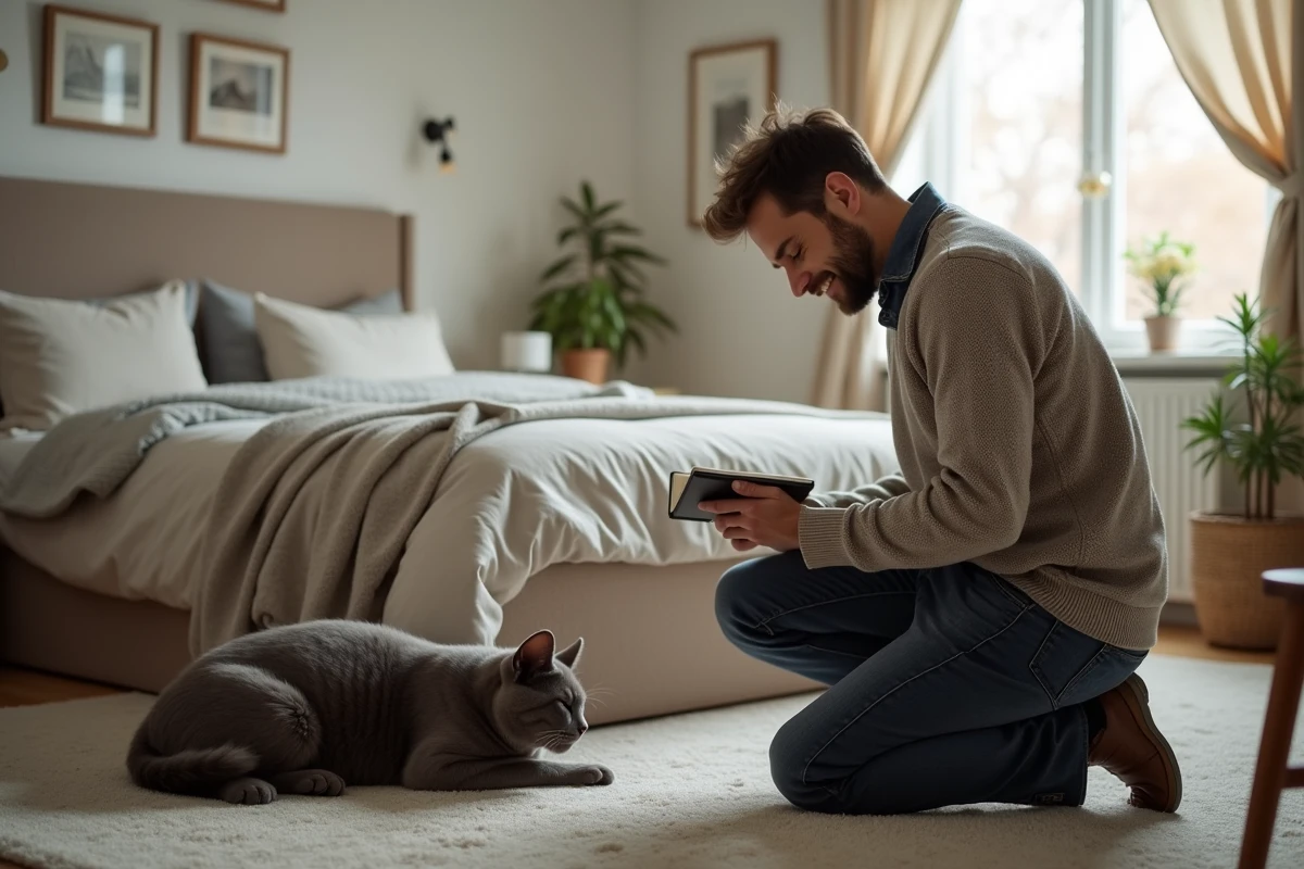 Homme avec un chat gris endormi dans une chambre lumineuse