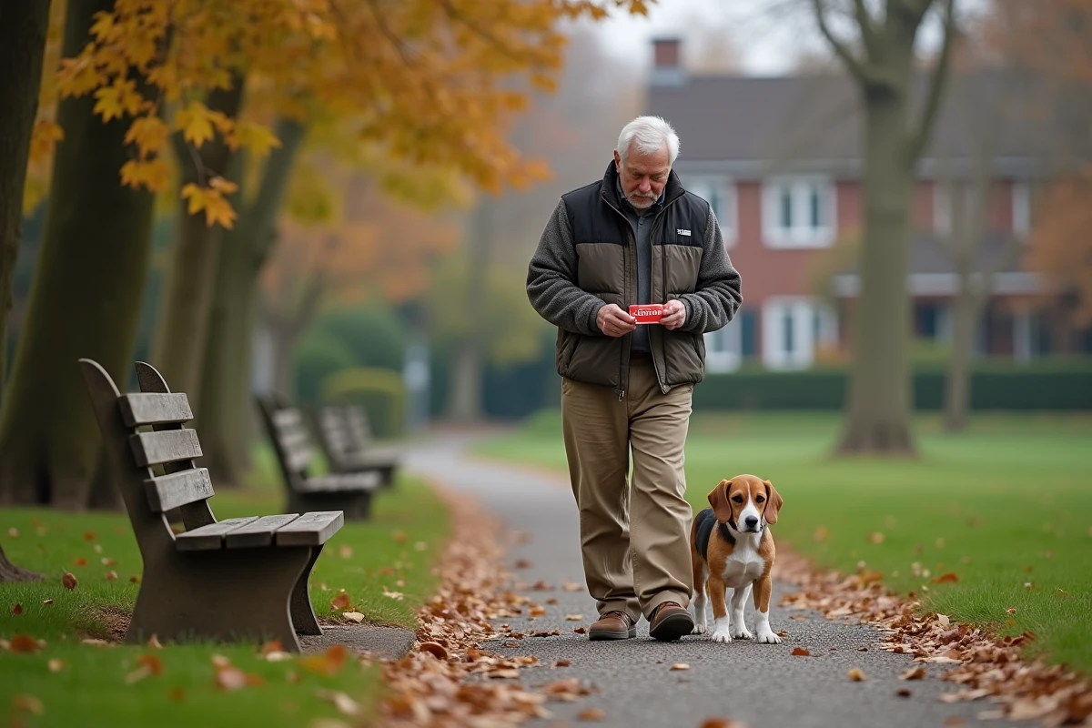 Homme promenant un beagle dans un parc en automne