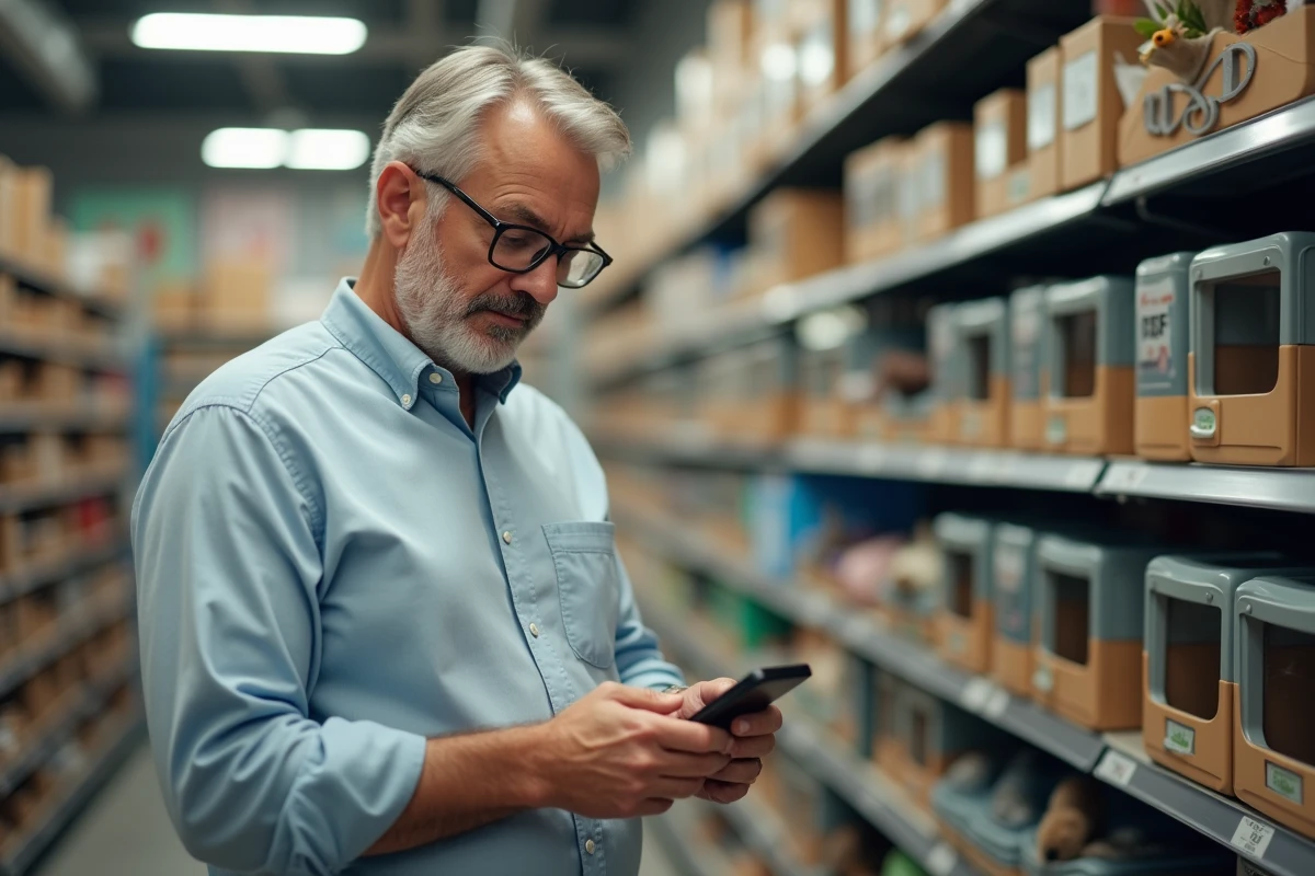Homme vérifiant son smartphone dans une animalerie