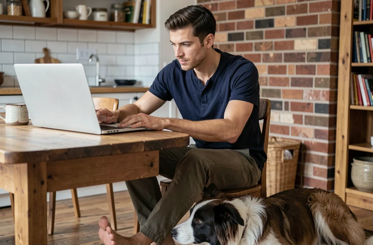 Homme comparant des offres d'assurance chien sur son ordinateur portable avec son Border Collie couché à ses pieds