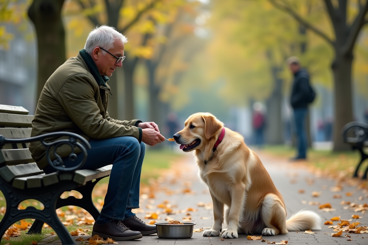 Jeune homme donnant à manger à son chien dans un parc en plein air