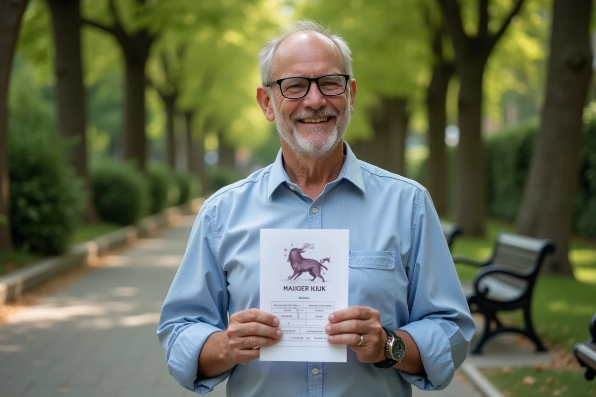 Homme souriant tenant un résultat de quiz animal en plein air