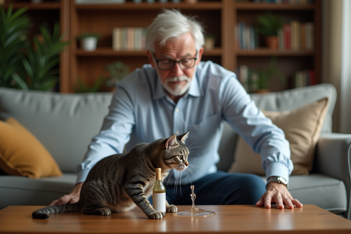 Homme observant son chat réculant face au vinaigre