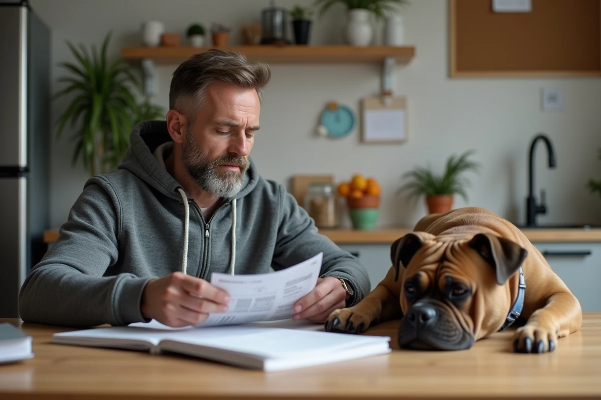 Homme vérifiant factures avec son chien Exotic Bully à la maison