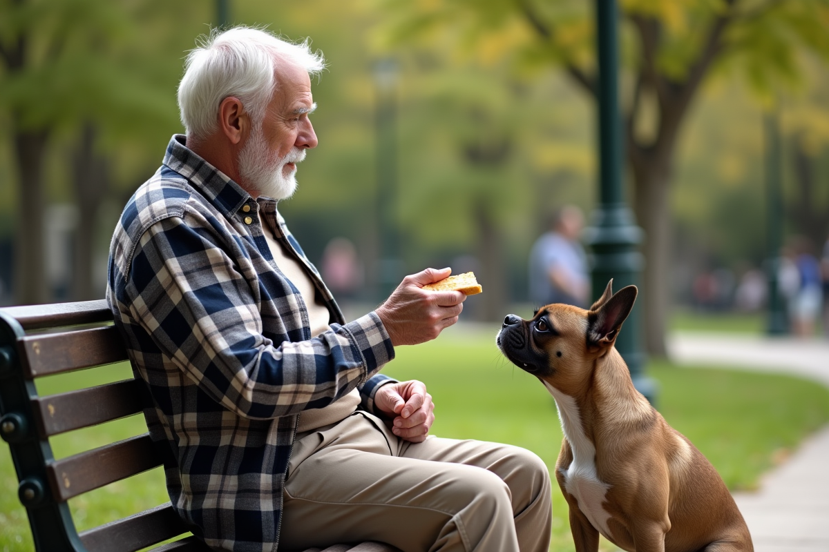 Homme âgé avec un chien dans un parc urbain en plein air