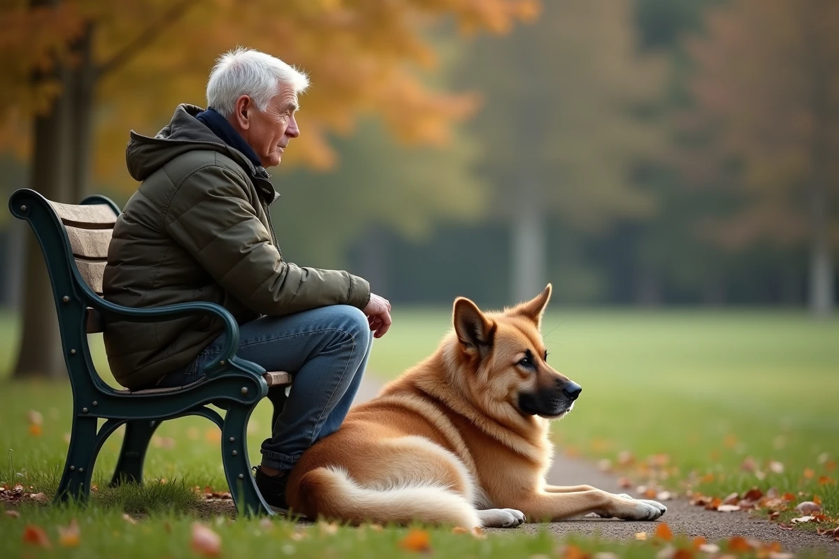 Homme âgé assis avec son chien dans un parc paisible