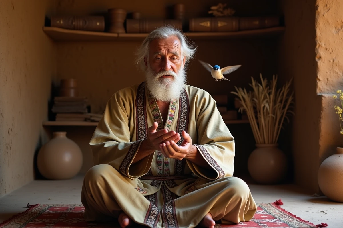 Vieil homme en robe traditionnelle libérant un oiseau de ses mains, geste spirituel symbolisant l'âme et la liberté dans les traditions soufies