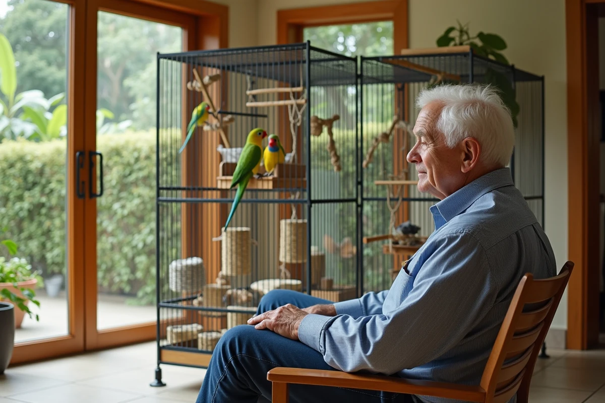 Homme âgé observant un kakariki dans une cage en véranda