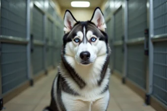 Husky sibérien aux yeux bleus assis dans un chenil de refuge animalier, attendant d'être adopté