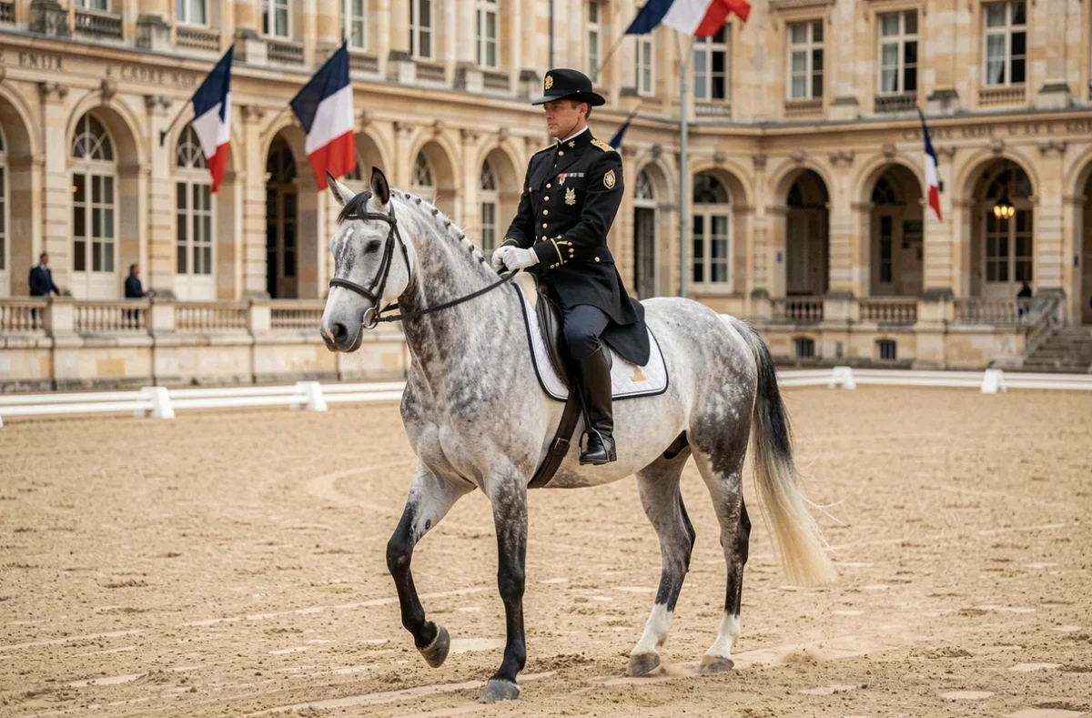 Un instructeur du Cadre Noir en uniforme noir et or sur un cheval gris effectuant un mouvement de dressage classique à l'IFCE de Saumur