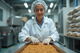 Femme en blouse blanche inspectant le kibble en usine