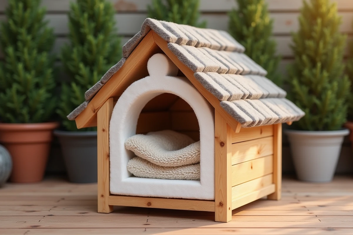 Intérieur d'un abri chat isolé avec panneaux en polystyrène et couverture en polaire sur terrasse en bois