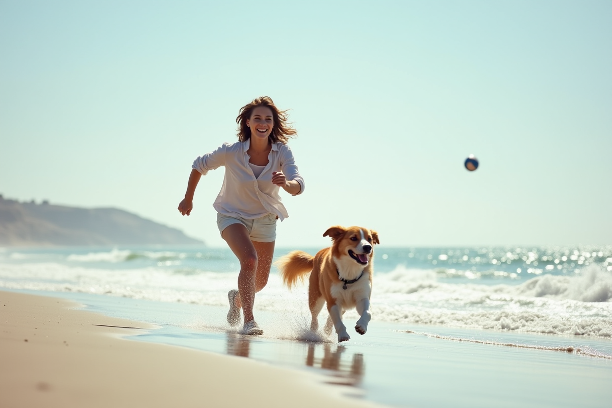 Femme et chien jouant à rapporter sur la plage ensoleillée