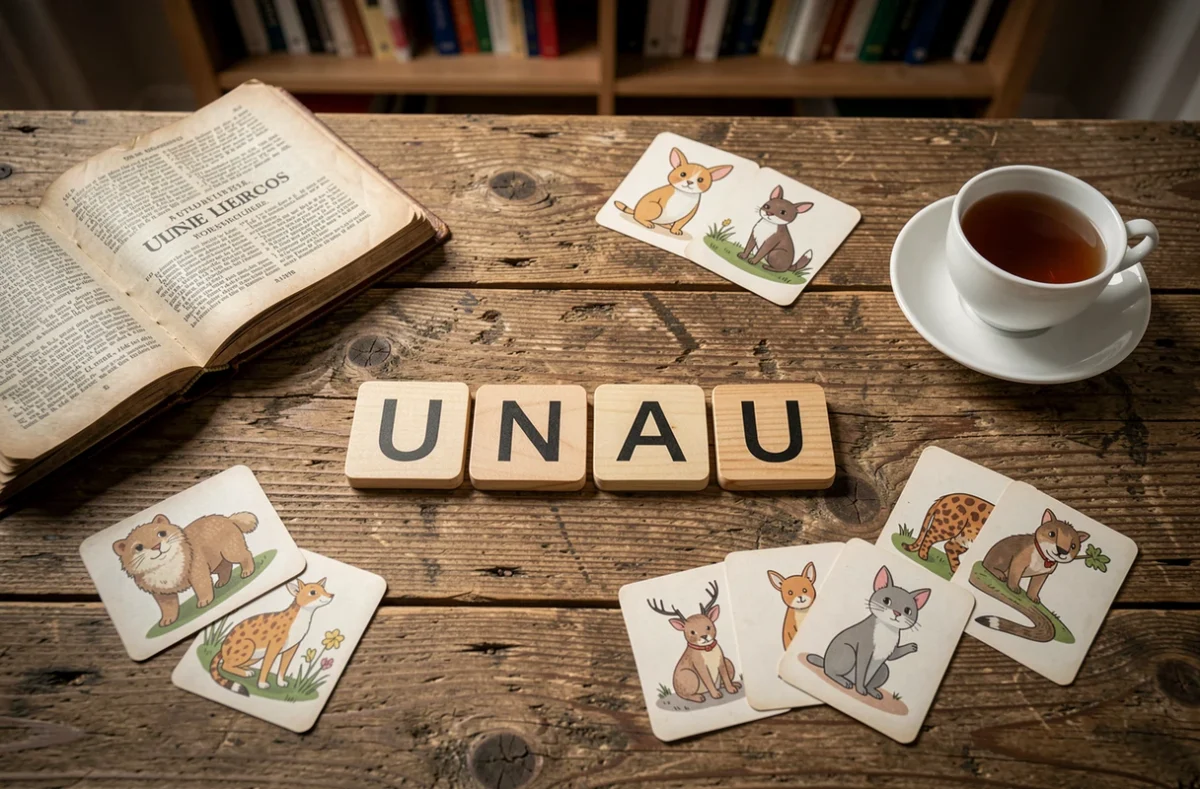 Plateau de jeu de lettres avec le mot UNAU épelé en tuiles, entouré de cartes d'animaux et d'un dictionnaire français