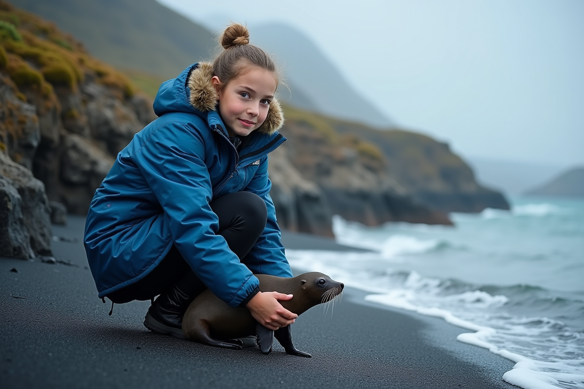 Biologiste marine islandaise relâchant un jeune phoque dans l'océan