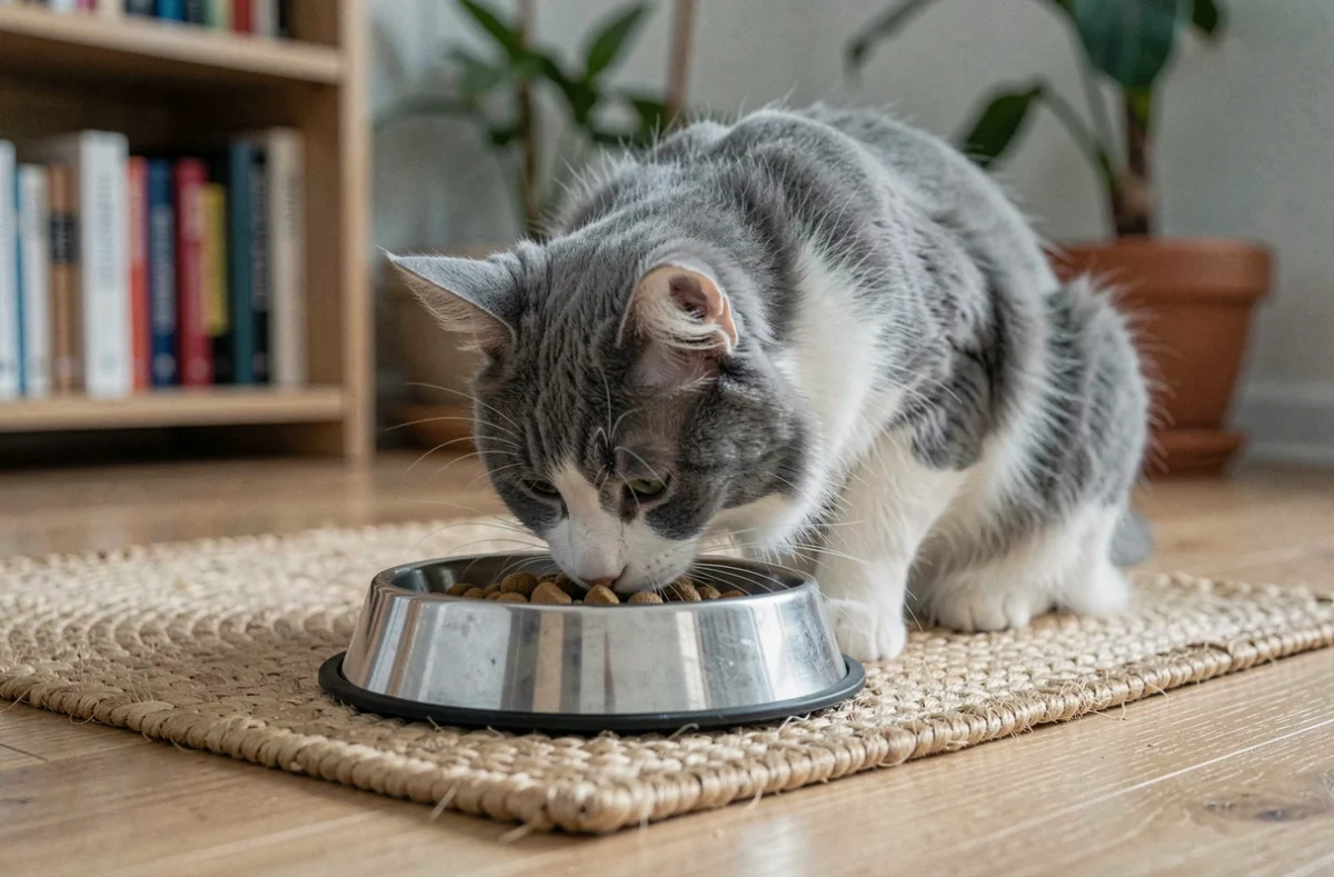 Jeune chat de un an en train de manger ses croquettes dans un salon cosy
