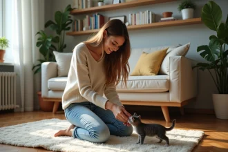 Jeune femme avec un chaton dans un appartement chaleureux