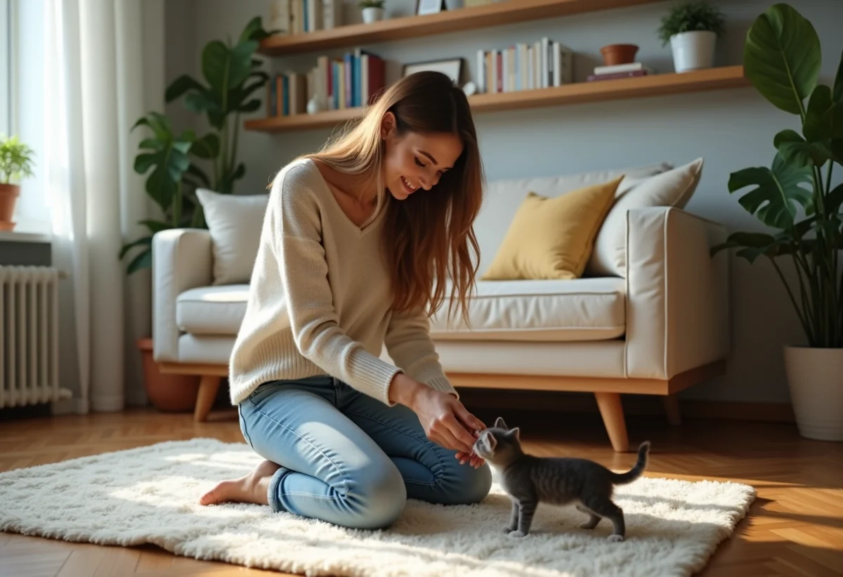 Jeune femme avec un chaton dans un appartement chaleureux
