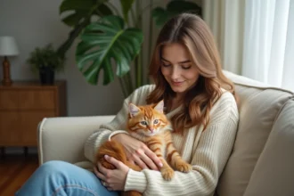 Jeune femme caressant un chaton ginger dans un salon