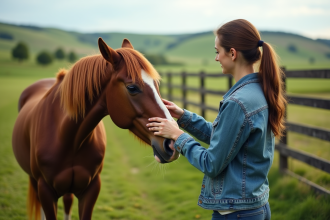Jeune femme nourrissant un cheval dans un pâturage