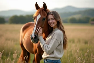 Jeune femme et cheval dans un pré paisible