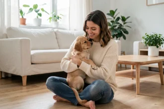 Jeune femme tenant un chiot labrador dans un appartement moderne, illustrant la souscription à une assurance chien pour son premier animal