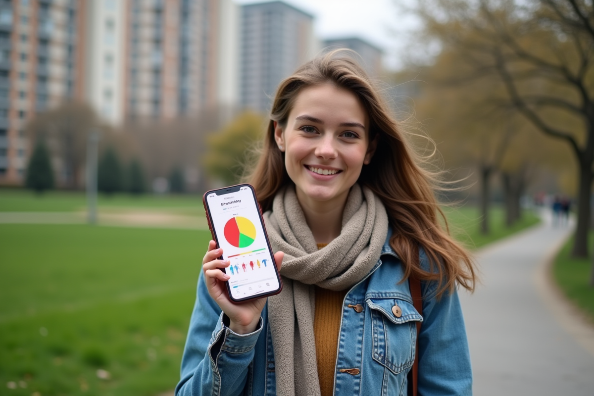 Jeune femme dans un parc regarde un graphique ethnique sur son smartphone