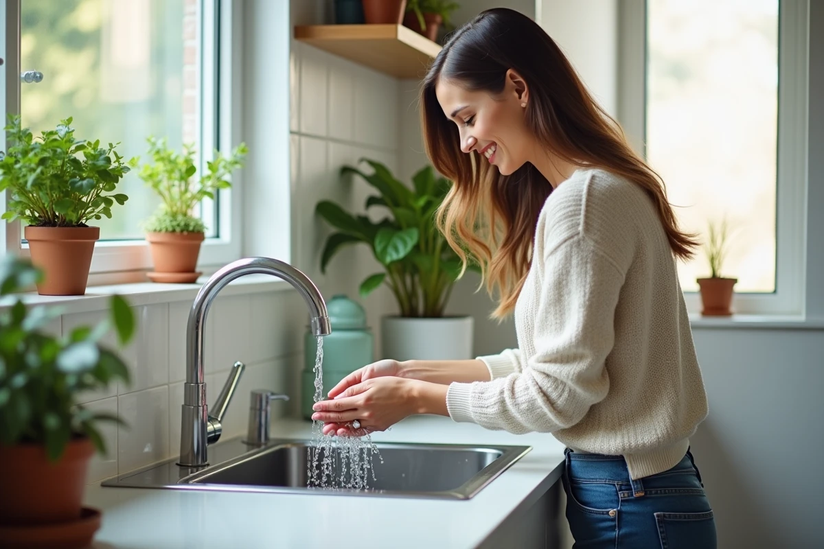Jeune femme se lavant les mains dans une cuisine moderne