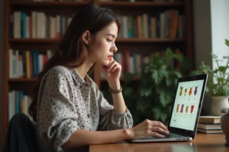 Jeune femme concentrée sur un quiz en ligne sur son ordinateur portable