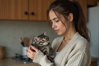 Jeune femme avec chaton malade dans la cuisine chaleureuse