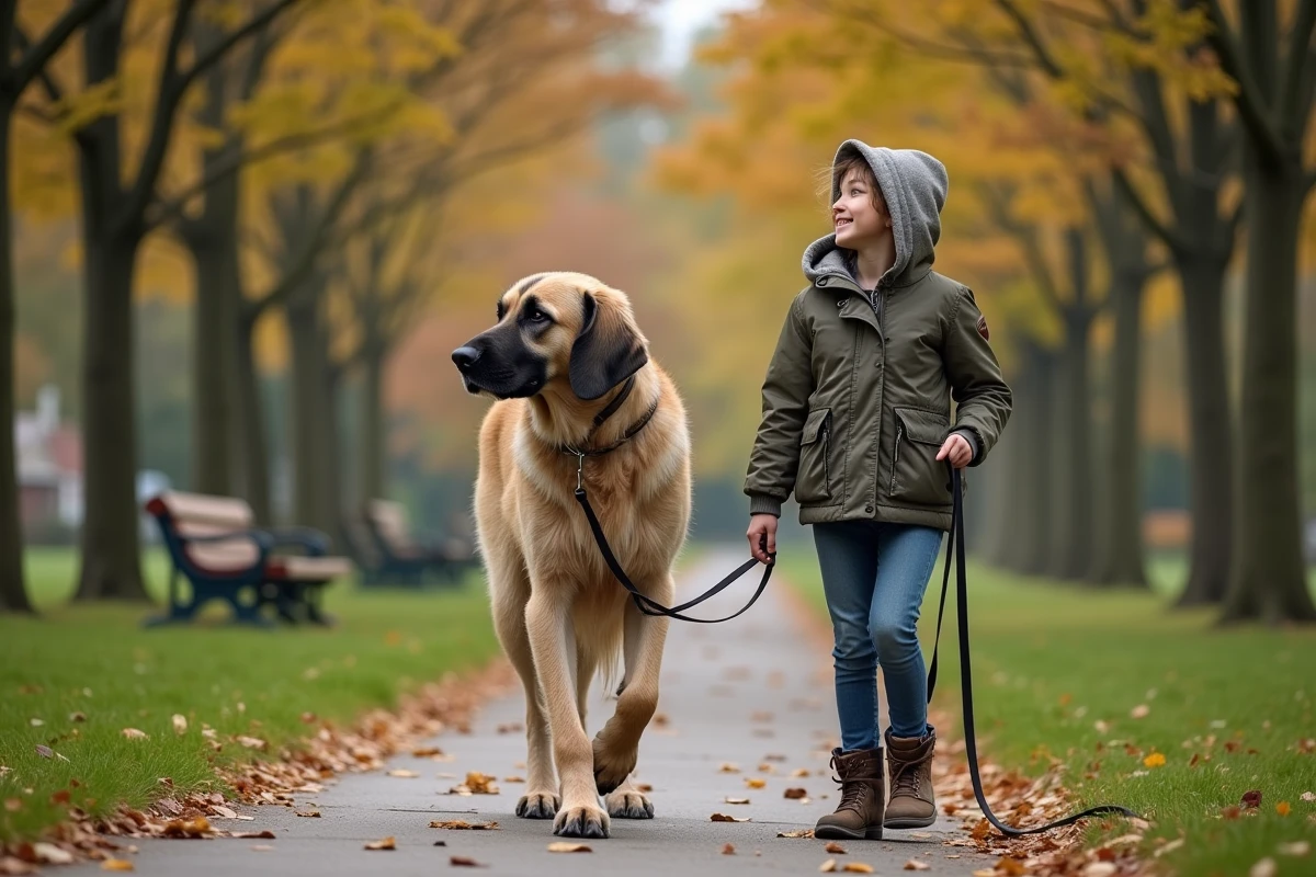 Jeune fille souriante avec un grand loup irlandais dans le parc
