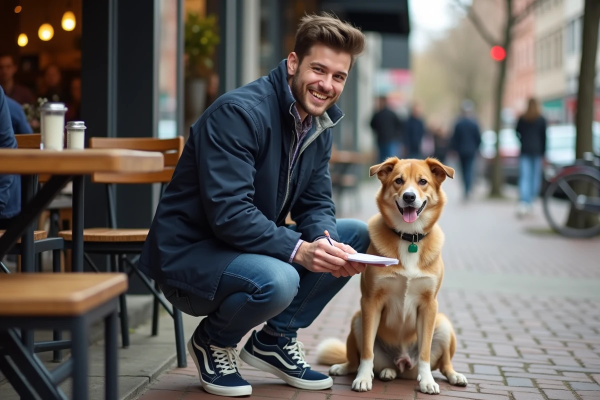 Jeune homme avec chien au café de quartier