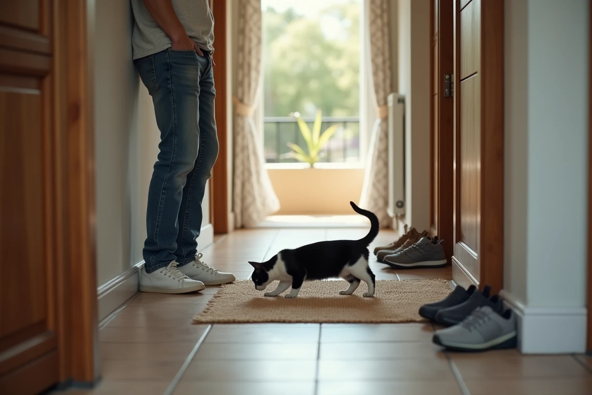 Jeune homme regardant son chat dans le couloir
