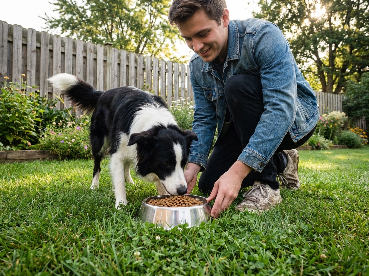 Jeune homme avec son chien dans le jardin en pleine nature