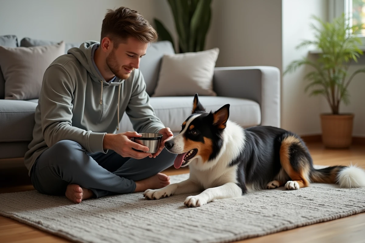 Jeune homme donnant à boire à son chien dans le salon
