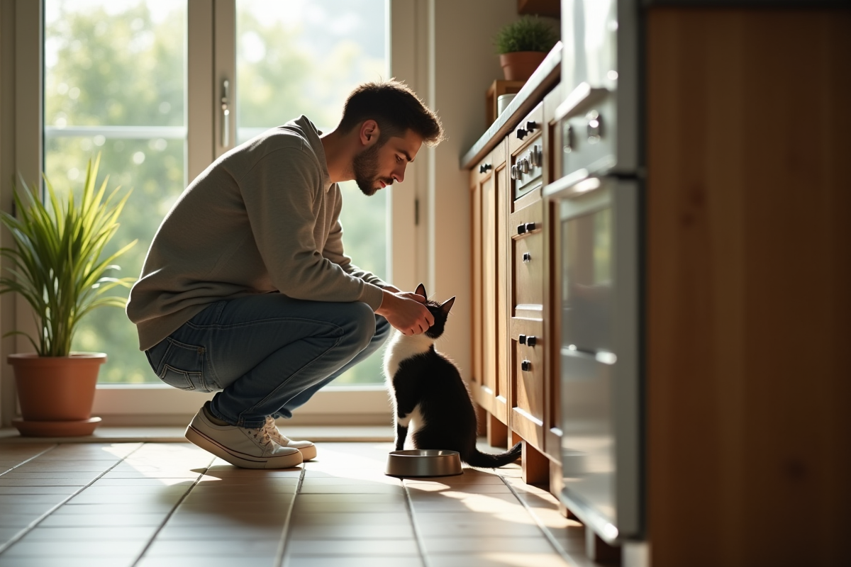 Jeune homme dans la cuisine avec son chat noir et blanc