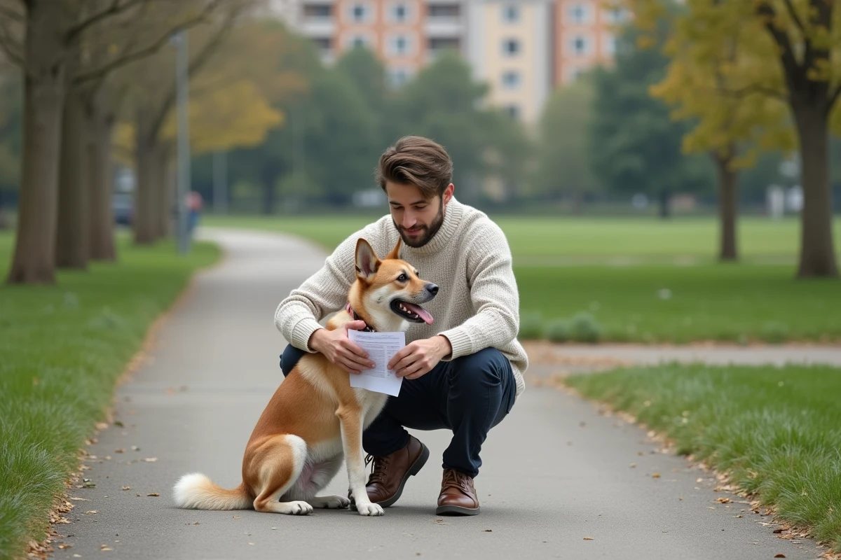 Jeune homme avec chien dans un parc urbain