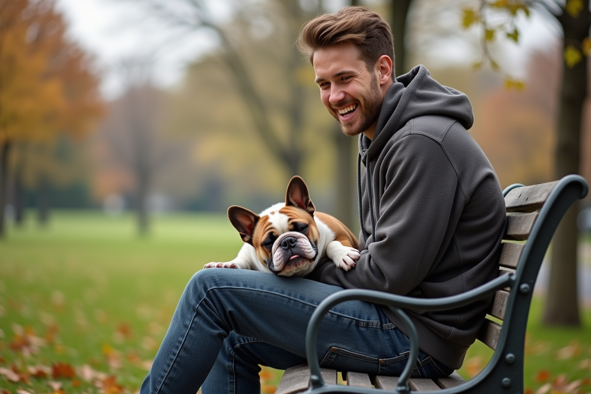 Jeune homme avec un chiot bulldog dans un parc