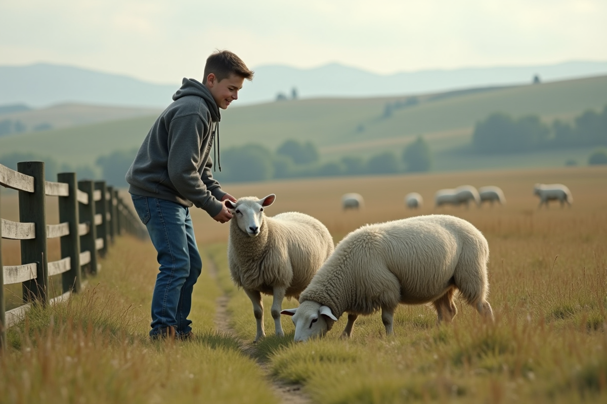 Adolescent nettoyant la ferme avec des moutons